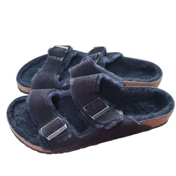 Birkenstock Navy Arizona Shearling Suede Leather Sandals 42 - Picture 2 of 9